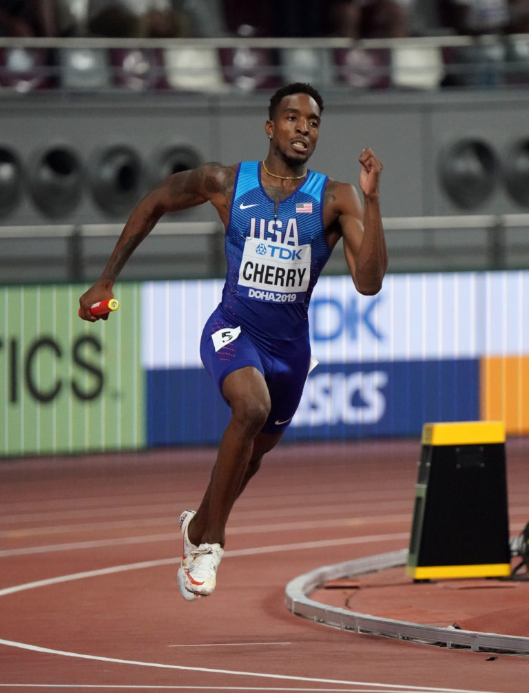 Michael Cherry of Team USA runs the anchor leg in the mixed 4x400m relay during the 2019 IAAF World Athletics Championships in Doha, Qatar, helping the United States win gold with a world-record time of 3:09.34 at Khalifa International Stadium.